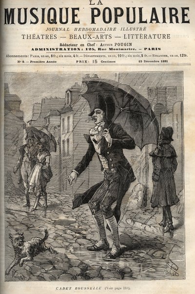 Guillaume Joseph Rousselle (Roussel), känd som Cadet Rousselle (1743-1807), fransk fogde, under regnet i en rue de Paris. gravyr i "Populär musik"" Illustrerad veckotidning - 1881 av Unknown artist
