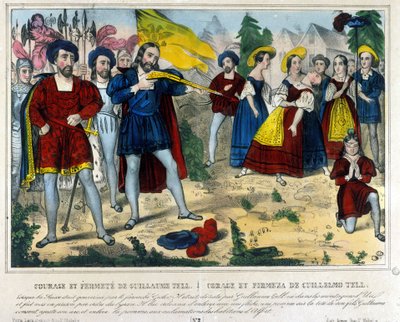 Guillaume Tell (William Tell) (legendarisk hjälte från schweizisk självständighet). Barbaren Gesler tvingar Guillaume Tell att ta bort med en pil ett äpple placerat på hans barns huvud. 1800-talsgravyr av Unknown artist