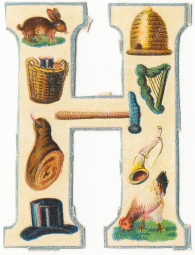 H: hare, kupa, skördekorg, harpa, hammare, skinka, horn, hatt, höna (färg litho) av Unknown artist