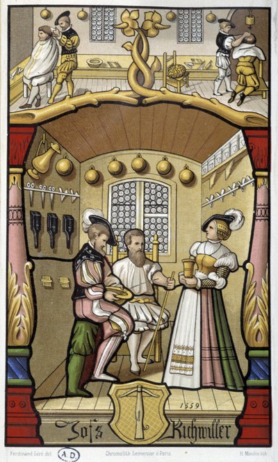 Frisör- och frisörscener - faksimil av en miniatyr från 1559 av Unknown artist