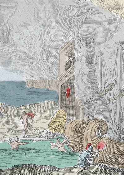 Hängde Iphis tillbakaslagen av Anaxarete. Detalj av en illustration hämtad från bok XIV av "" Metamorphoses"" (Metamorfosi) av Ovide (43 f.Kr.-17 e.Kr.). Gravyr 1637 av Unknown artist