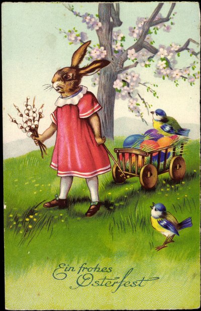 Frohe Ostern, Osterhase zieht Wagen, Ostereier, Spatzen von Unknown Artist