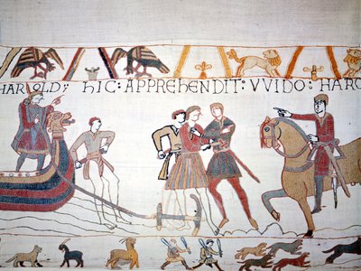 Harold II (1022 - 1066) landade i Normandie där han tillfångatogs av Vilhelm I Erövraren (1027 - 1087). Bayeux gobeläng, känd som Broderi av drottning Mathilde av Unknown artist