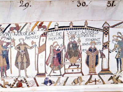 Harold II (1022 - 1066) utropades till kung vid Edward Bekännarens död 1066 men dog snart i slaget vid Hastings. Bayeux gobeläng eller broderi av drottning Mathilde av Unknown artist