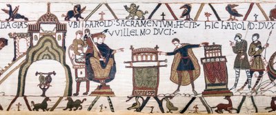 Harold svär en helig ed till William i Bayeux, Bayeux Tapestry (ullbroderi på linne) av Unknown artist