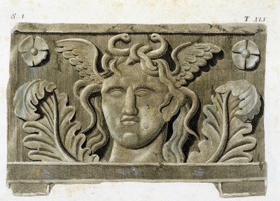 Head of Medusa, en av de tre Gorgones, stenbasrelief - i "Monumenti Etruschi"". av Unknown artist