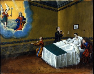 Läkning av en sjuk person. Ex voto från 1840 från helgedomen Maria delle Grazie di Monza. av Unknown artist