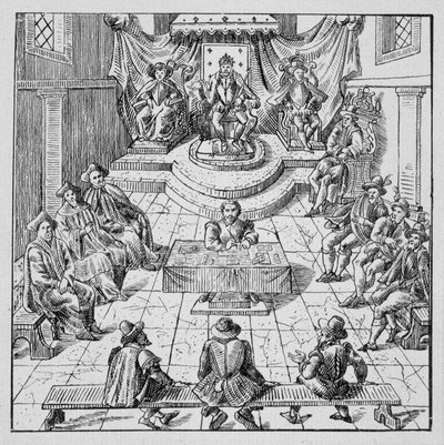 Henri III (1551 - 1589) innehar Estates Génales i Blois 1576 - i "" Samling av 39 figurer som representerar Frankrikes katastrofer från 1562 till 1586""; Louis Perrin imprimerie av Unknown artist