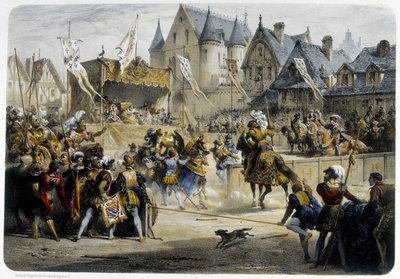 Henri II (1519 - 1559) sårades dödligt av Montgomery under turneringen den 29 juni 1559, rue St Antoine, framför Palais des Tournelles - litografi av Unknown artist