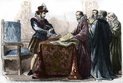 Henri IV (1553 - 1610) undertecknade Edit of Nantes den 13 april 1598. av Unknown artist