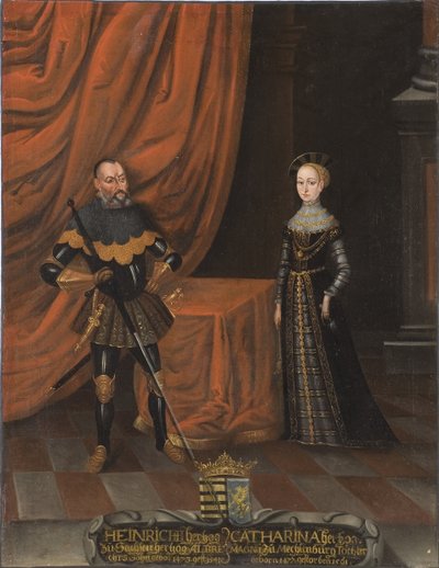 Henri IV de Saxe, dit le Pieux et Catherine de Mecklembourg - hertig Henrik den fromme (1473-1541) och hertiginna Katarina av Mecklenburg (1487-1561), anonym. Olja på duk. Mått: 101,5x79 cm. Nationalmuseum Stockholm av Unknown artist