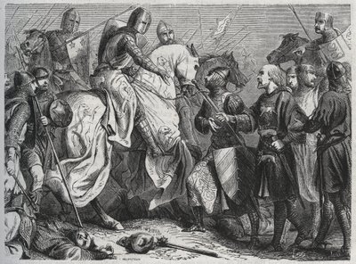 Henry III (Henry III Plantagenet av England) (1207-1272) fångas av Simon V av Montfort (ca 1208-1265) vid Lewes i Sussex 1264 - gravyr 1864 av Unknown artist