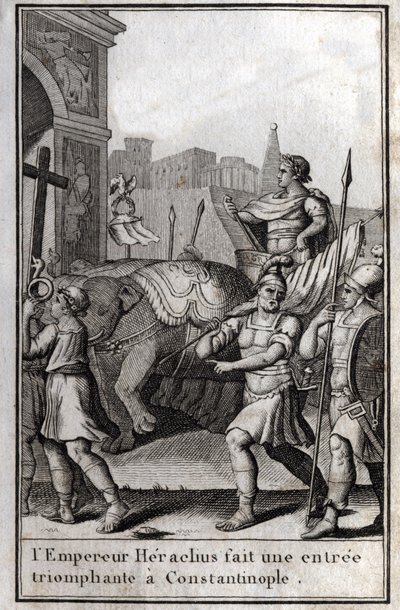 Heraclius I (Flavius Heraclius, Herakleios (cirka 575-610/641), bysantinsk kejsare, gjorde en triumferande entré till Konstantinopel. Han klättrade på en vagn nådd av fyra elefanter och förde fram det Sanna Korset (Heliga Korset) som hade tagits fram till  av Unknown artist