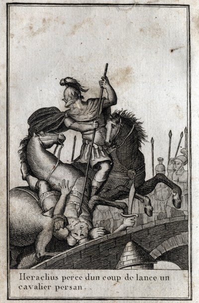 Heraclius I (Flavius Heraclius, Herakleios (cirka 575-610/641), bysantinsk kejsare, spjuter en persisk ryttare (krig mot perserna), 700-talet. Gravyr i "Beaute de l