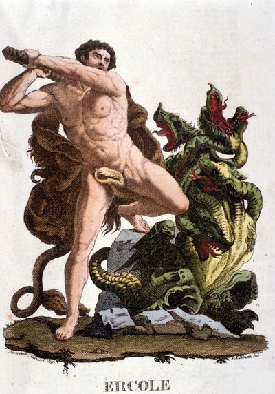 Herkules slår ner Lerna Hydra - gravyr av Unknown artist