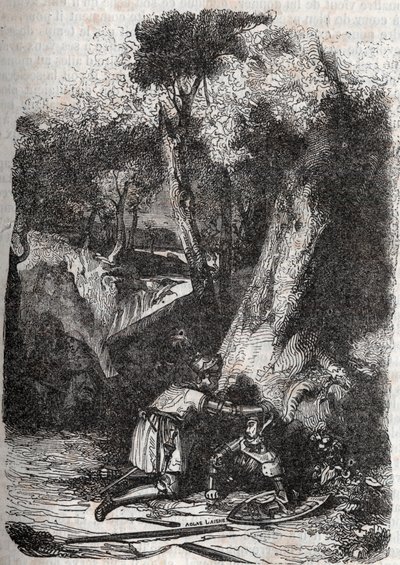 Hermonides välte och räddades av Zerbin - 1851 gravyr från "" Furious Roland"" (Orlando furioso) (1500-talet) av Ludovico Ariosto, känd som Ariosta - Upplaga översatt från italienska av greven av Tressan och publicerad av Gustave Harvard 1851 av Unknown artist