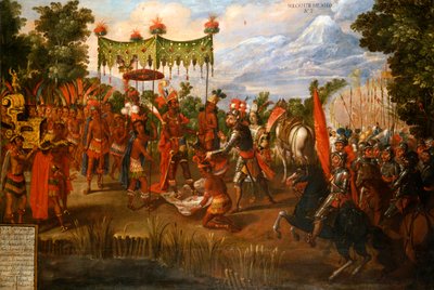 Hernan Cortes möter kejsar Moctezuma av Unknown artist