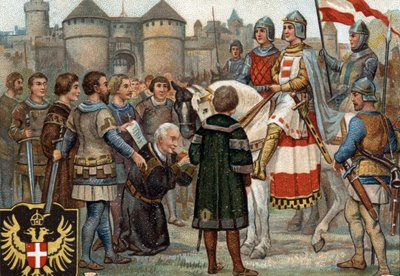 Historiska episoder av kända städer: Rudolf av Habsburg (Rodolf I av det heliga riket 1218-1291) tog Wien i besittning (1276). Rodolf I var kung av romarna och genom att ta staden Wien i besittning grundade han Habsburgarnas makt. Chromol av Unknown artist