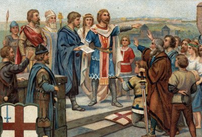Historiska episoder av kända städer: Alfred den store (849-899) återlämnar London till sina tidigare invånare (886), "Freden för Alfred och Guthrum" markerade anglosaxarnas seger mot danskarna (= viking). Kromolitografi av 1800-talet. av Unknown artist