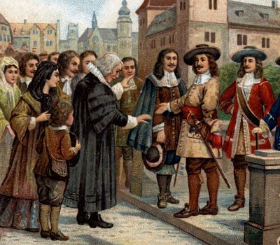 Historiska episoder av kända städer: Storkurfursten, Fredrik Vilhelm I av Brandenburg (1620-1688), tog emot franska emigranter i Berlin (1685). Han välkomnade franska protestanter som, efter återkallelsen av Nantes Edit, hade övergett Frankrike. Detta av Unknown artist