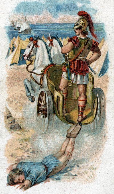 Historien om Achilles liv, legendariska hjältar från det trojanska kriget: Achilles dränerar Hectors kropp bakom sin tank. Kromolitografi från 1890. av Unknown artist