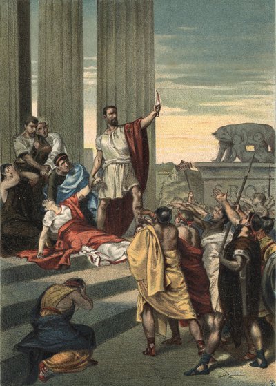 Det antika Roms historia: Lucrece, Brutus och Collatinus. Lucrece (Lucrezia, Lucretia, romersk dam) blev offer för våld av sin kusin Sextus Tarquin, son till Tarquin den Superb. Lucrece skickade efter sin far och make (Collatinus) och kom med av Unknown artist