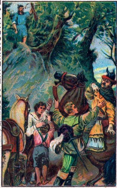 Historia om Guillaume Tell (William Tell) (legendariska hjältar från schweizisk självständighet): Gesslers död. Kromolitografi från slutet av 1800-talet. av Unknown artist