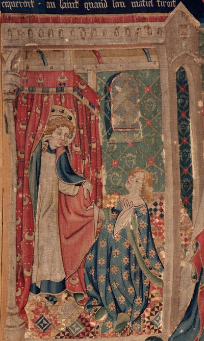 Historia om Saint Piat och Saint Eleuthère, Scen 11: Frestelserna av Saint Eleuthère (Tribundottern kommer att dö så att hon inte kan få den galna kärleken som helgonet kräver när hans mantel dras). Detalj. av Unknown artist