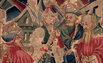 Historia om Saint Piat och Saint Eleuthère, scen 14: Pesten håller på att slå ner staden Tournai. Detalj. av Unknown artist
