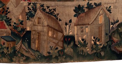 Historia om Saint Piat och Saint Eleuthère, Scen 7 dop av de exil kristna, Detalj längst ner. Två hus. av Unknown artist