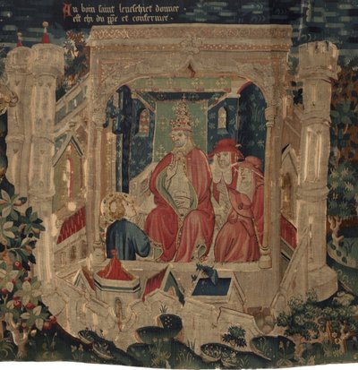 Historia om Saint Piat och Saint Eleuthère, scen 9: Saint Éleuthère bekräftas av påven som biskopen av Tournai av Unknown artist