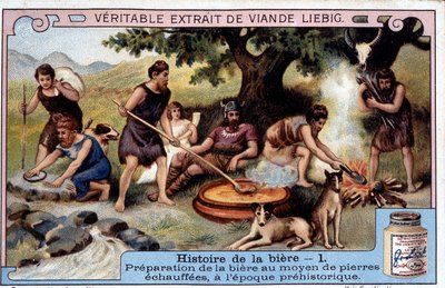 Öls historia: beredning av öl med varma stenar i förhistorisk tid - Liébig¿ reklamdekal av Unknown artist