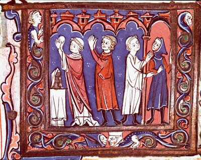 Den kanoniska lagens historia: "" nattvardsplats (vänster) och bannlysning (höger)"" Miniatyr hämtad från "" Decretales"" av Giovanni d