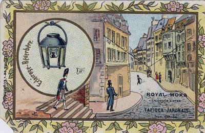 Belysningens historia: Belysning av gatlyktor. Kromolitografi som omsluter Royal Moka chicoree. av Unknown artist