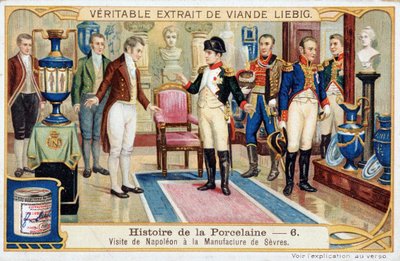 Porslinets historia: Besök av Napoleon Bonaparte (1769-1821) vid tillverkningen av Sevres - Liebig-kromolitografi av Unknown artist