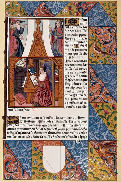Tryckeriets historia: förläggaren Antoine Verard (? -1513) komponerar sin bok. Från ett manuskript från 1494. av Unknown artist