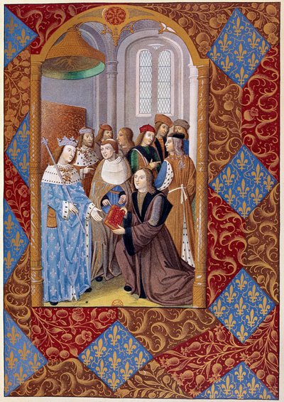 Tryckeriets historia: förläggaren Antoine Verard (? -1513) presenterar sin bok för kung Karl VIII. Från ett manuskript från 1494 av Unknown artist