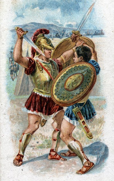 Historien om Achilles, legendariska hjältar från det trojanska kriget: Achilles kämpar mot Hector för att hämnas Patrocles död. Kromolitografi från 1890. av Unknown artist