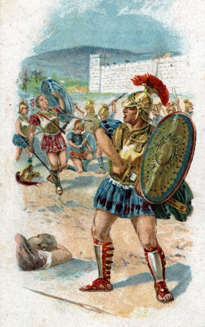 Historien om Achilles, legendariska hjältar från det trojanska kriget: Patroklos får tillstånd av Achilles att rädda grekerna genom att bära hans vapen. Han kommer att dödas av Hector, som tar Akilles vapen som byte. Kromolitografi från 1890. av Unknown artist