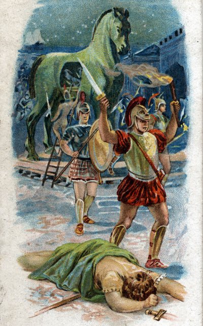 Historien om Achilles, legendariska hjältar från det trojanska kriget: The Capture of Troy. Akilles före staden tack vare hästen. Kromolitografi från 1890. av Unknown artist