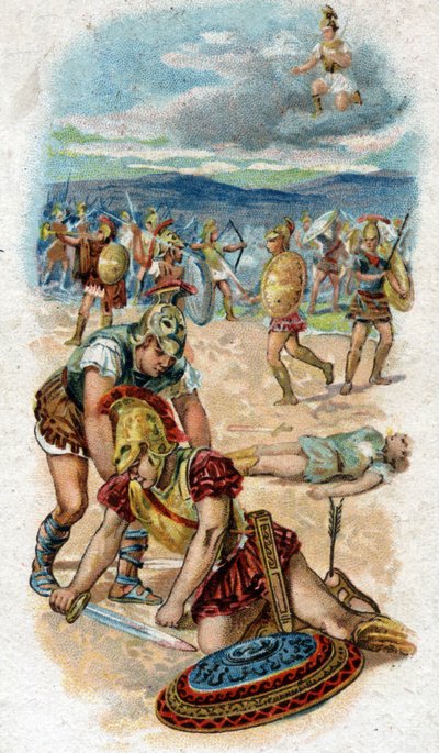 Historia om Achilles, legendariska hjältar från det trojanska kriget: Achilles död, vid foten av Trojas murar, hälen, hans svaga punkt, tränger igenom en pil dragen av Paris. Kromolitografi från 1890. av Unknown artist