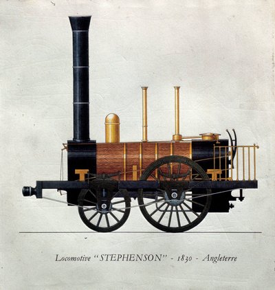 Transportens historia: tavla som representerar ett lokomotiv "" Stephenson"" tillverkat i England av Unknown artist