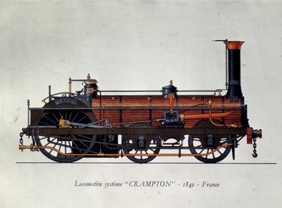 Transportens historia: lokomotiv, Crampton-system uppkallat efter Thomas Russell Crampton (1816-1888), brittisk ingenjör: han skapade ett höghastighetslok. Gravyr från 1849 Paris, Dekorativ konst av Unknown artist