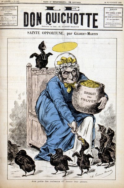 Heliga tillfällen och kulternas budget: till de små kråkorna ger hon deras bestånd - i "" Le Don Quijote""" av 1882-11-24 av Unknown artist