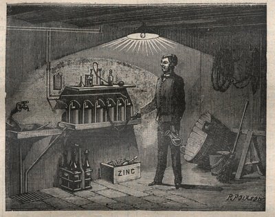 Home Electricite: Installation av batteriet som uppfanns av Radiguet i en källare - Gravyr i "La Science francaise" av Unknown artist