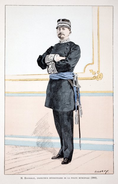 Honorat, avdelningsinspektör för kommunalpolisen (1884). Etsning i färger, för illustration "" History of the Corps of Peacekeepers""" bok publicerad under beskydd av Louis Lepine (1846-1933), prefekt för polisen på Seine, av Alfred Rey av Unknown artist