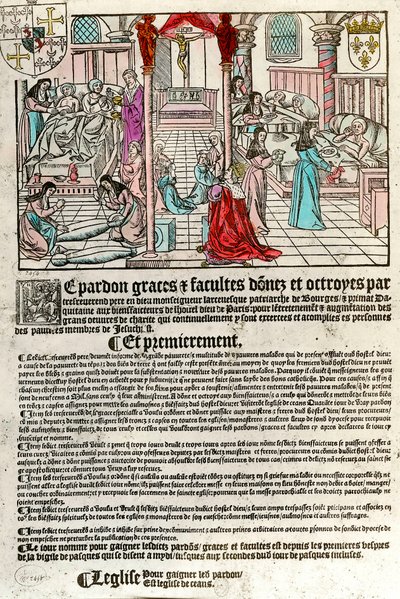 Sjukhus på 1500-talet: Avlatsbrev (Till höger: en sjukhusscen. Agauche: döende och död). Gravyr av 1500-talet. Privat samling. av Unknown artist