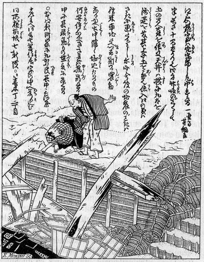 Hus förstört av en jordbävning. Fac simile (Fac-simile) av en gravyr från ett japanskt verk om jordbävningar. Gravyr i "" La Nature: revue des sciences et de leurs applications aux arts et a l
