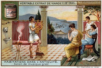 Hus i antiken: Grekiskt musikrum - Liebig Chromolithography av Unknown artist
