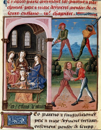 Hur föräldrar ska tänka på sina barn; Octavianus barn lärde sig ridderlighet och ullarbeten"" Miniatyr hämtad från ""Le livre de bonnes moreurs de Jacques Legrand""" av Unknown artist